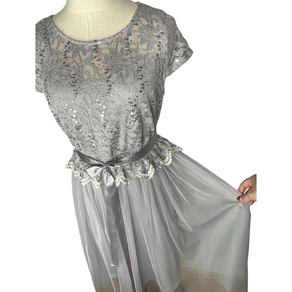 1950's VINTAGE 6 Stretch Lace Tulle Fit & Flare Midi Dres Sequin Gray Silver EUC - Picture 7 of 12
